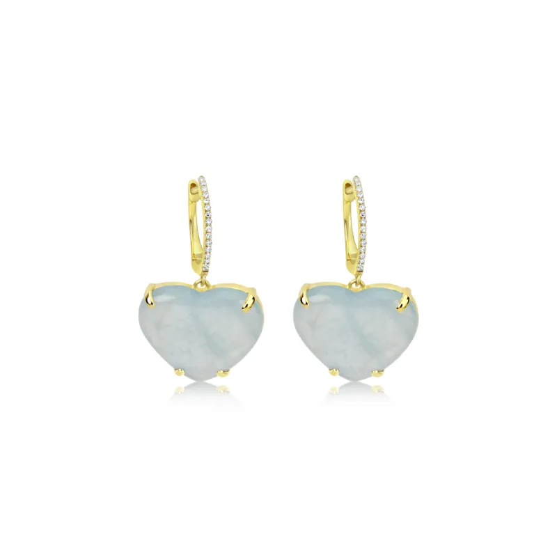 14 Kt Yellow Gold Milky Aqua .06 Ct Diamond Heart Earrings sold by Meira T