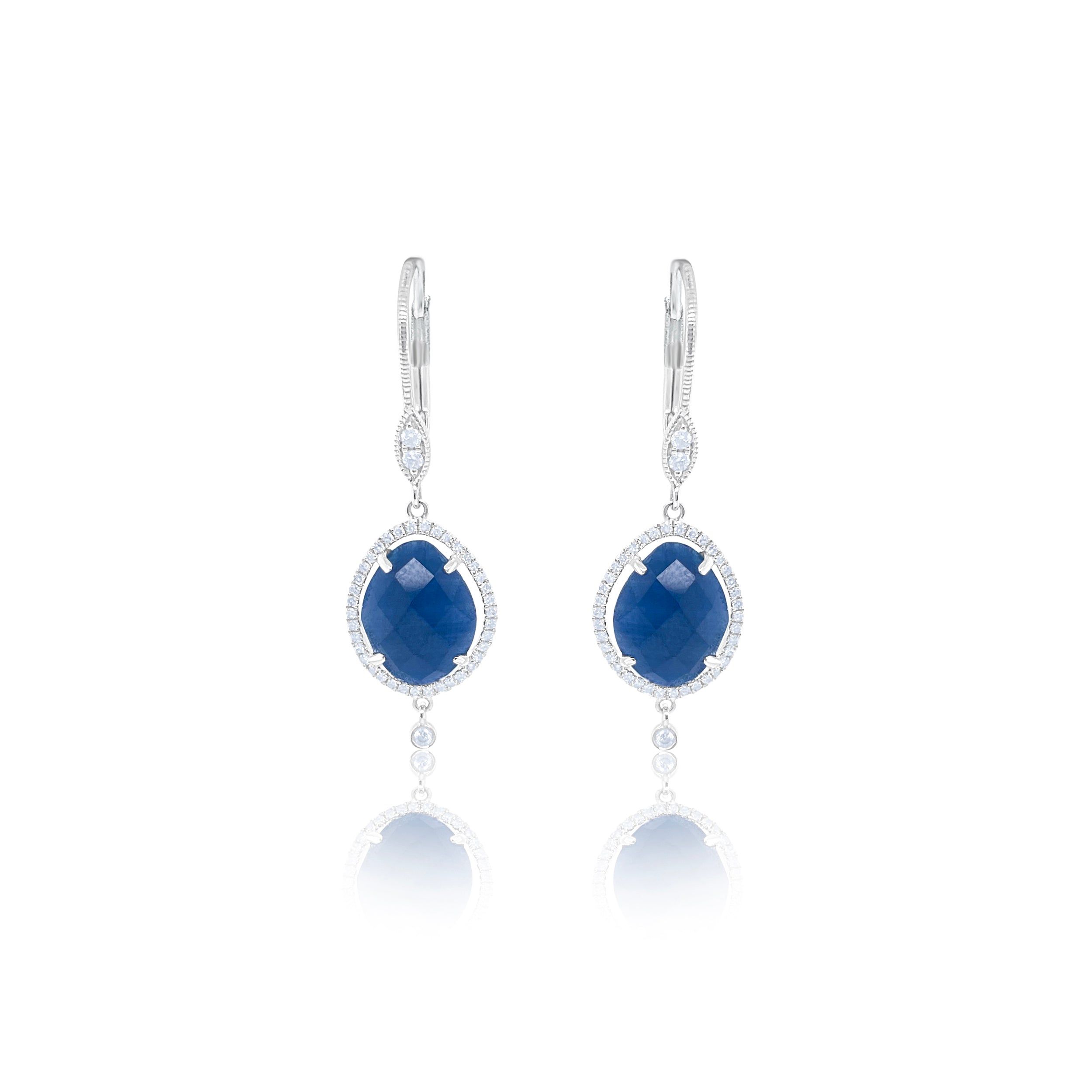 Blue Sapphire Earrings with Dangling Diamond Bezel sold by Meira T
