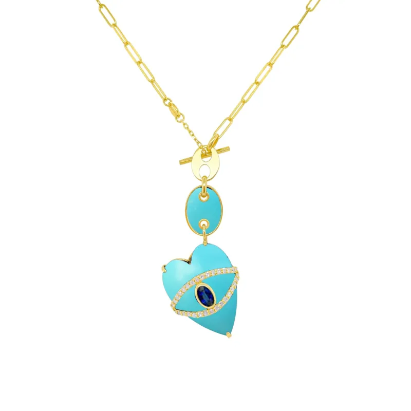 Turquoise Heart and Evil Eye Paperclip Necklace sold by Meira T