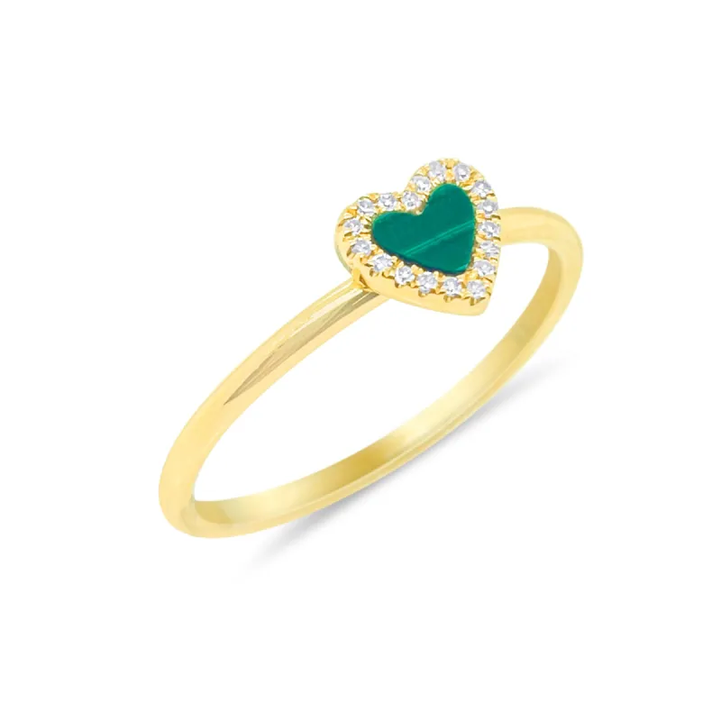 Yellow Gold Dainty Malachite and Diamond Heart Ring sold by Meira T