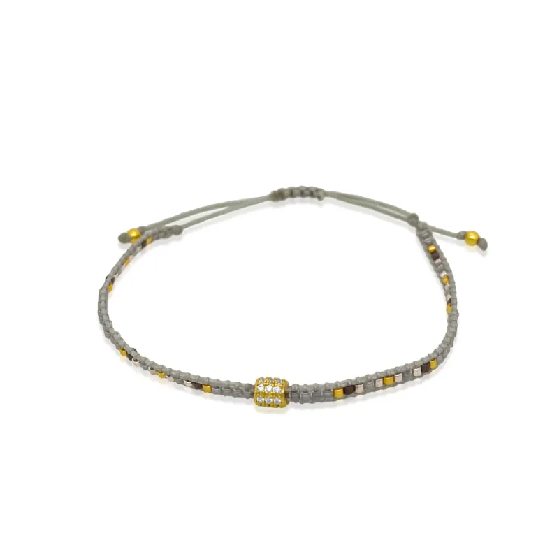 Dainty Woven Heather Gray and Gold  Bead Bracelet With CZ Bead sold by Meira T