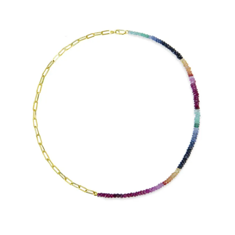 Half and Half Rainbow Sapphire Bead and Gold Plated Paperclip Chain Necklace- ALL NEW BOUTIQUE EXCLUSIVE sold by Meira T