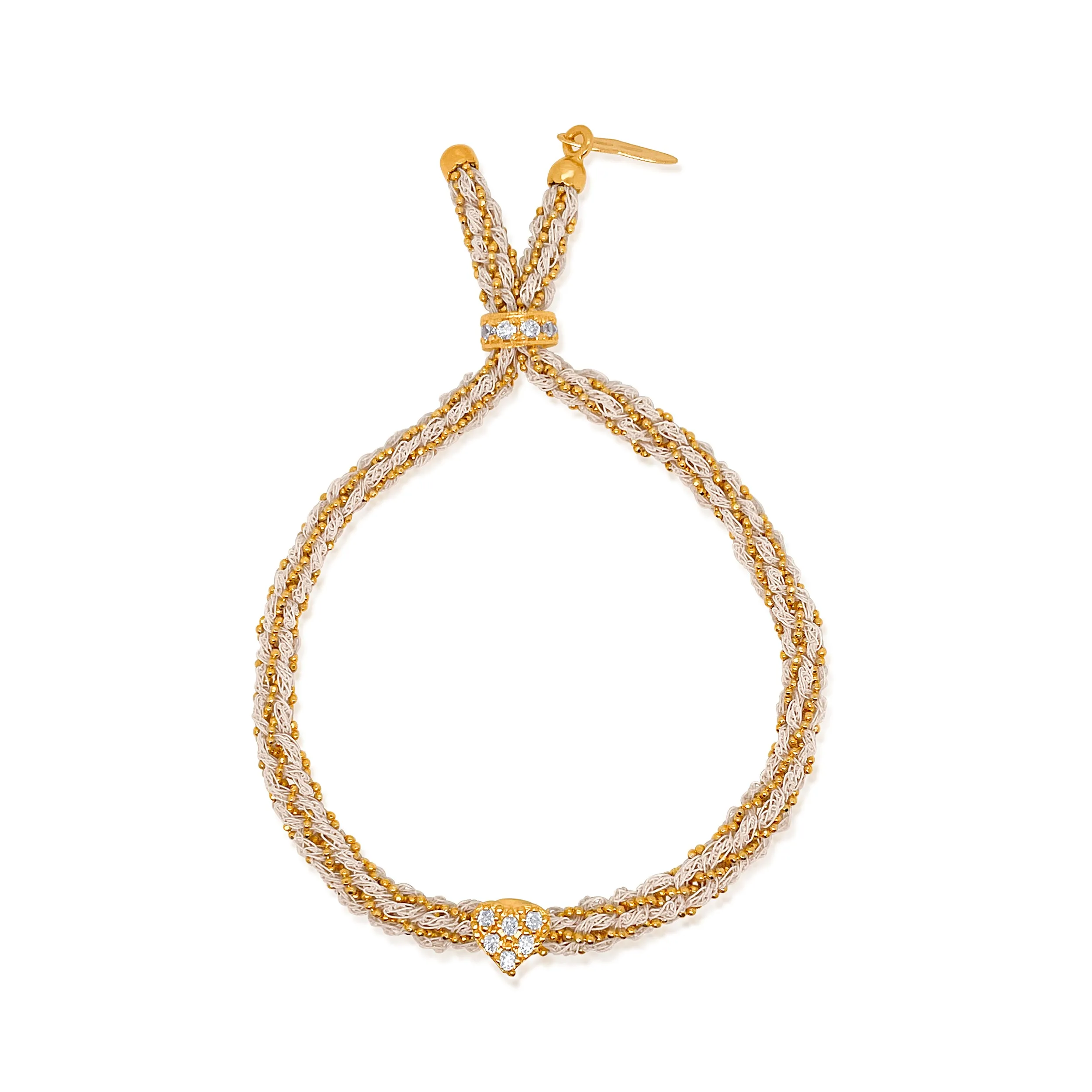 Yellow Gold Braided Chain and White Silk Bracelet with CZ Heart sold by Meira T