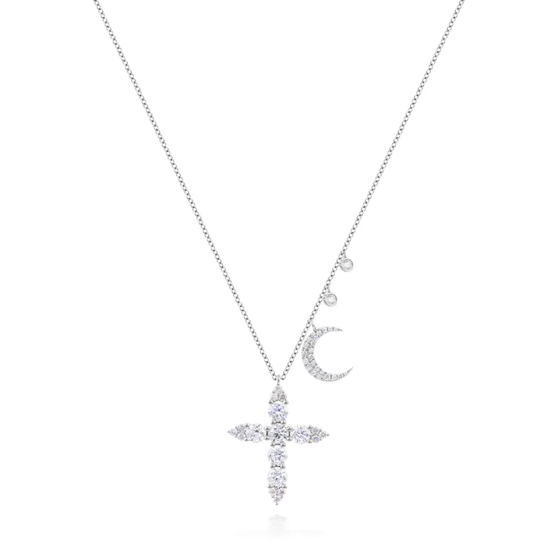 White Gold Diamond Encrusted Cross with Moon and Diamond Accents sold by Meira T