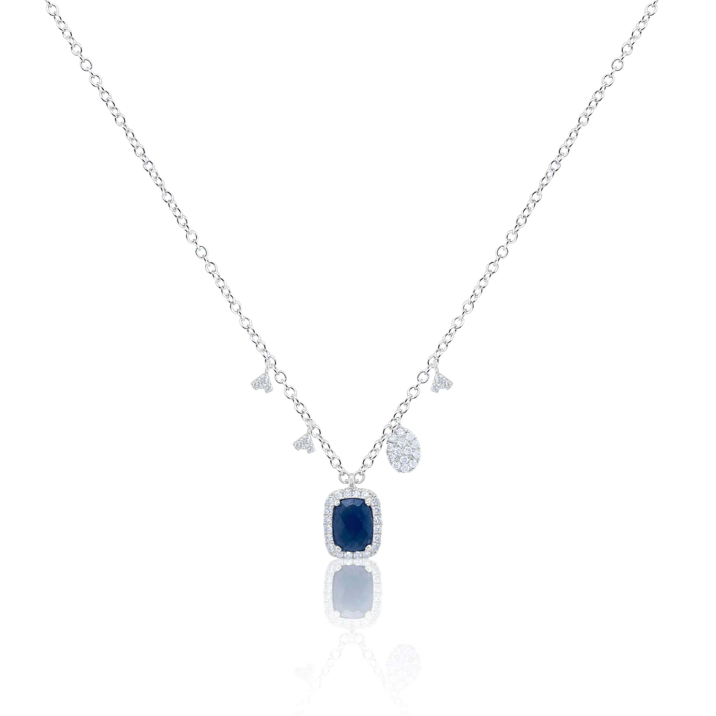 White Gold Blue Sapphire Necklace With Diamond Side Charms sold by Meira T