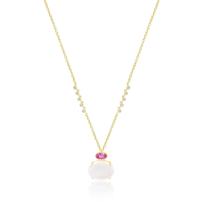 Yellow Gold Pink Sapphire Rainbow Moonstone Necklace sold by Meira T