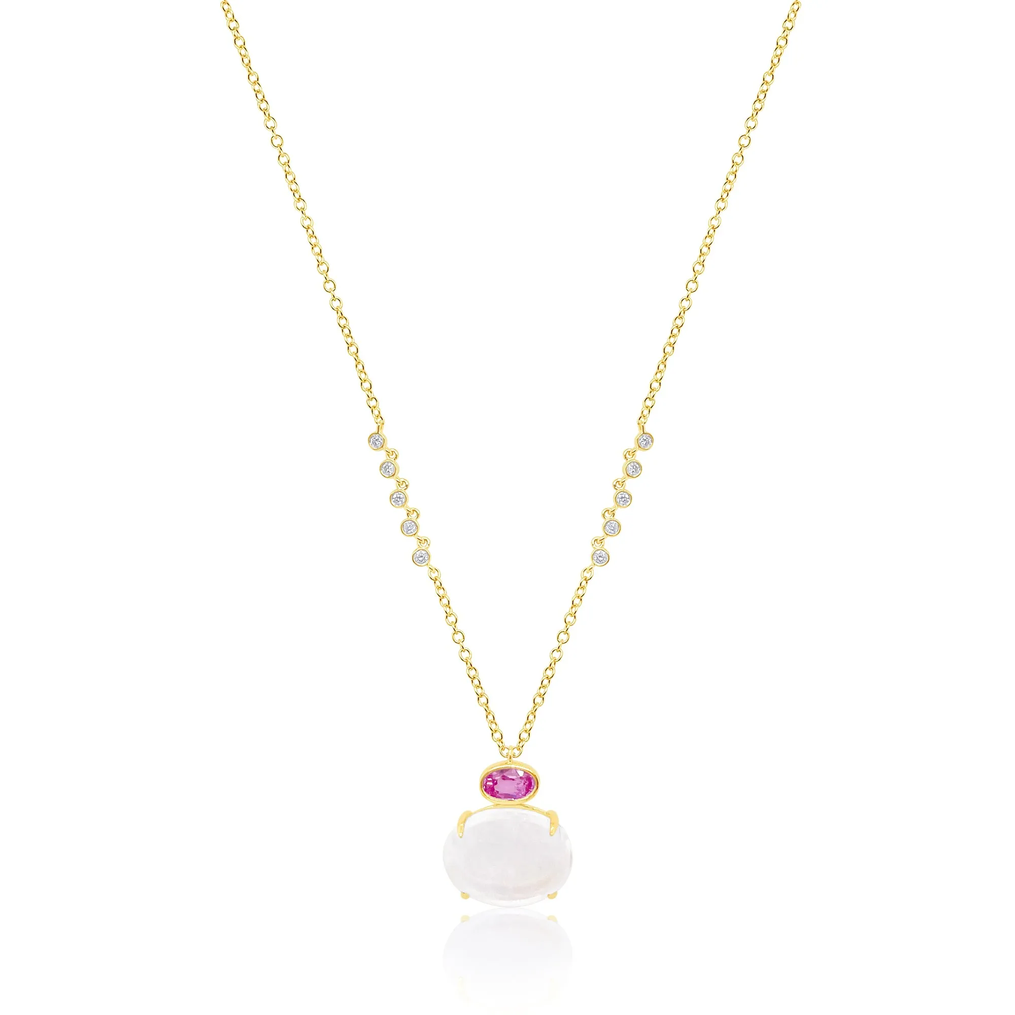 Yellow Gold Pink Sapphire Rainbow Moonstone Necklace sold by Meira T