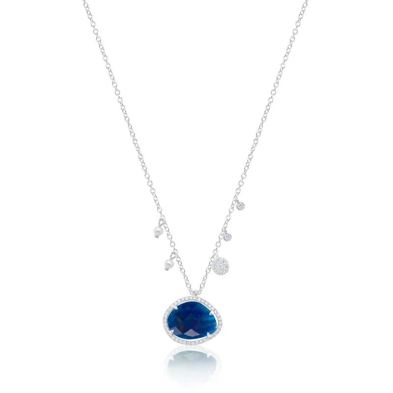Blue Sapphire with Off-Centered Pearls & Diamonds Necklace sold by Meira T