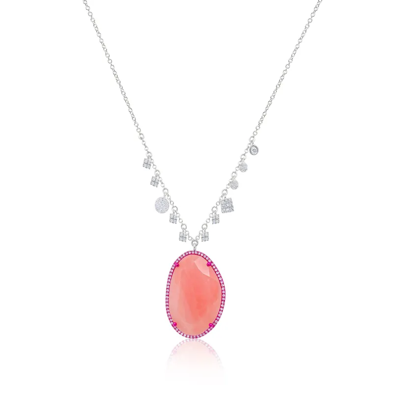 White Gold Pink Opal Diamond Necklace sold by Meira T