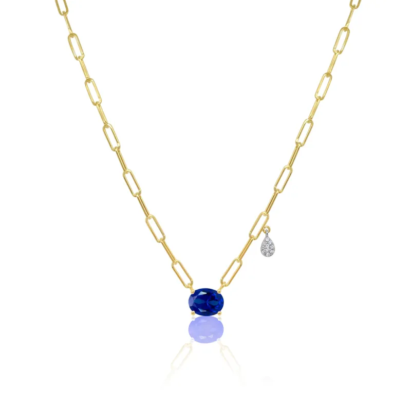 14kt Yellow Gold Blue Sapphire Diamond Paperclip Chain Necklace LAST ONE sold by Meira T