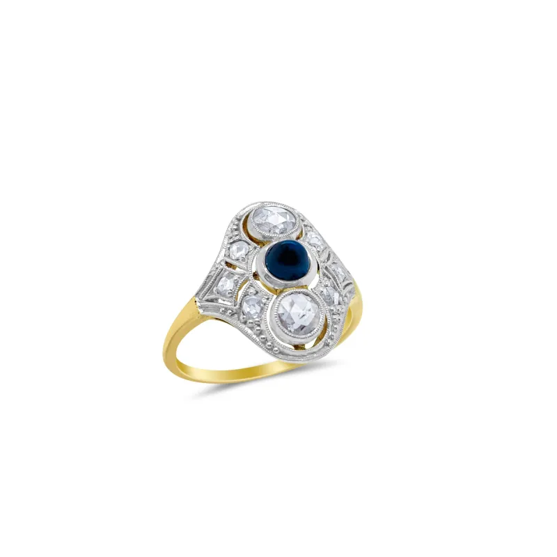 Edwardian Cabochon Sapphire Ring with Rose Cut Diamonds- Size 9.5 sold by Meira T