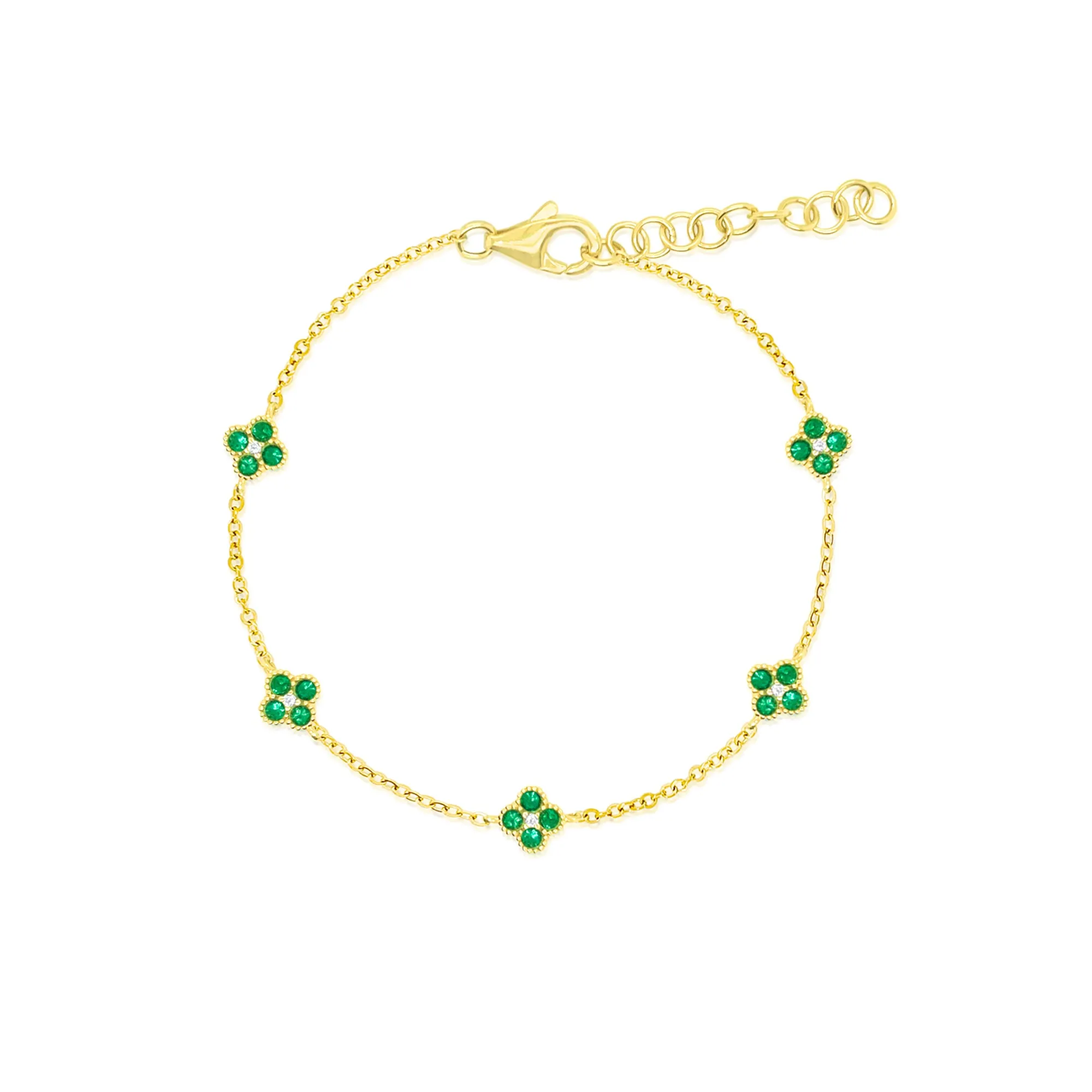 Emerald Flower Diamond Bracelet in 14kt Yellow Gold 7 inches Adjustable sold by Meira T