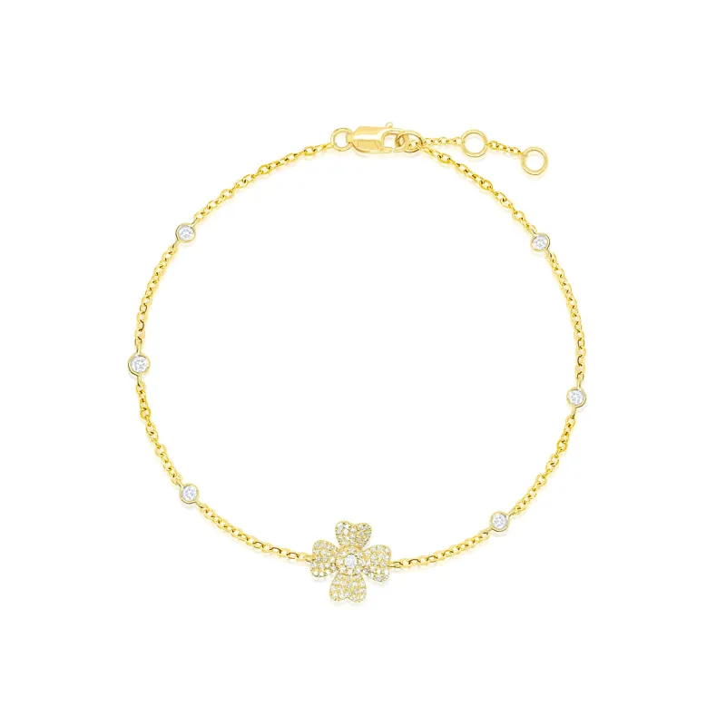 Pave Diamond Clover Bracelet in 14kt Yellow Gold and Diamonds 7 inches Adjustable sold by Meira T