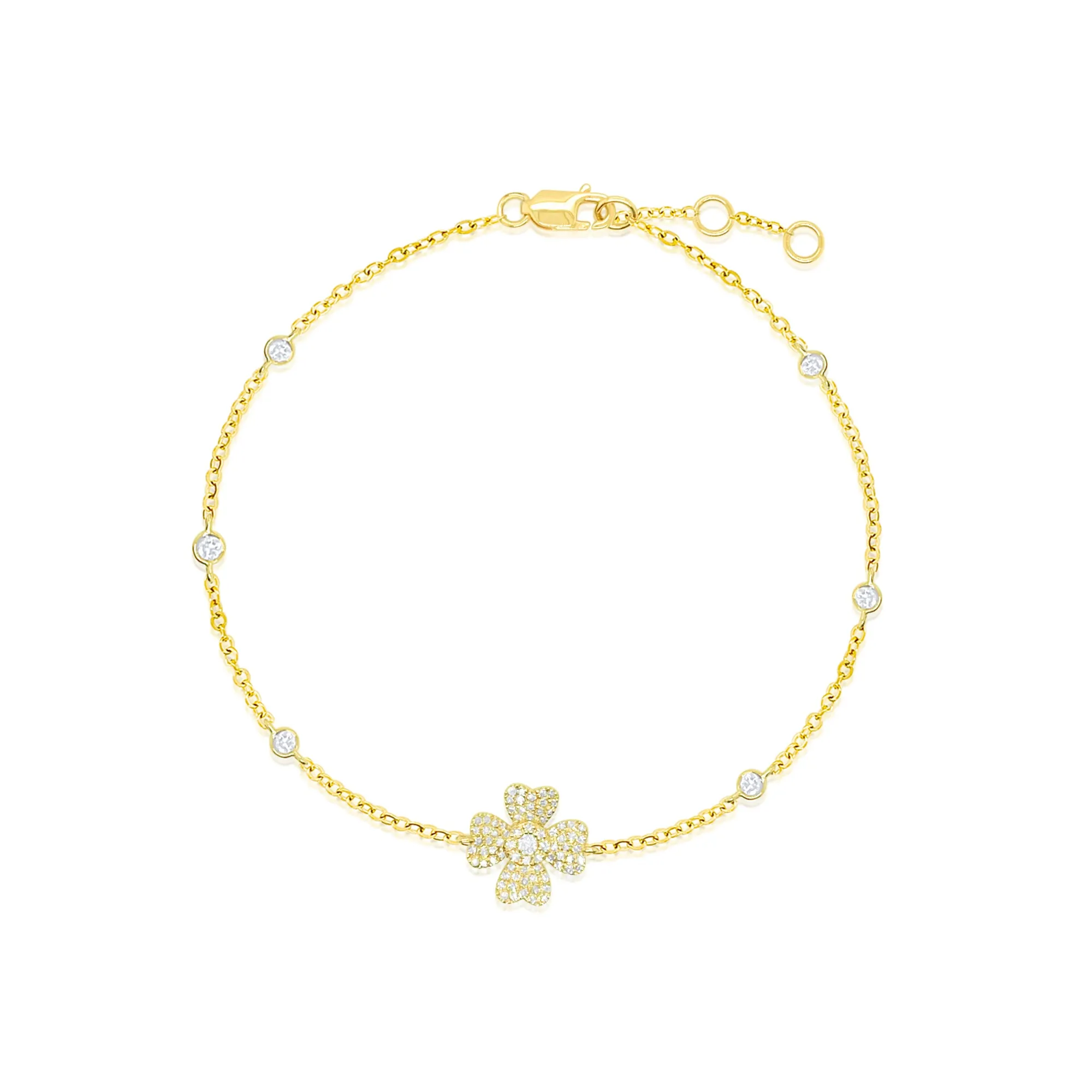 Pave Diamond Clover Bracelet in 14kt Yellow Gold and Diamonds 7 inches Adjustable sold by Meira T