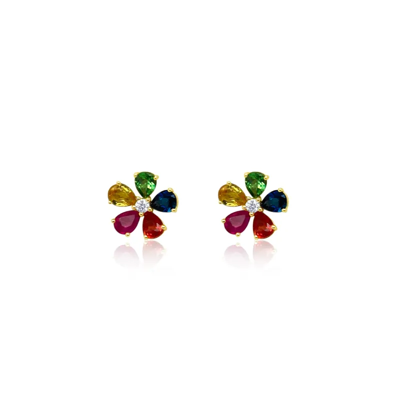 Multi Color Sapphire Flower Earrings with Diamond Center in 14kt Yellow Gold ONLINE EXCLUSIVE sold by Meira T