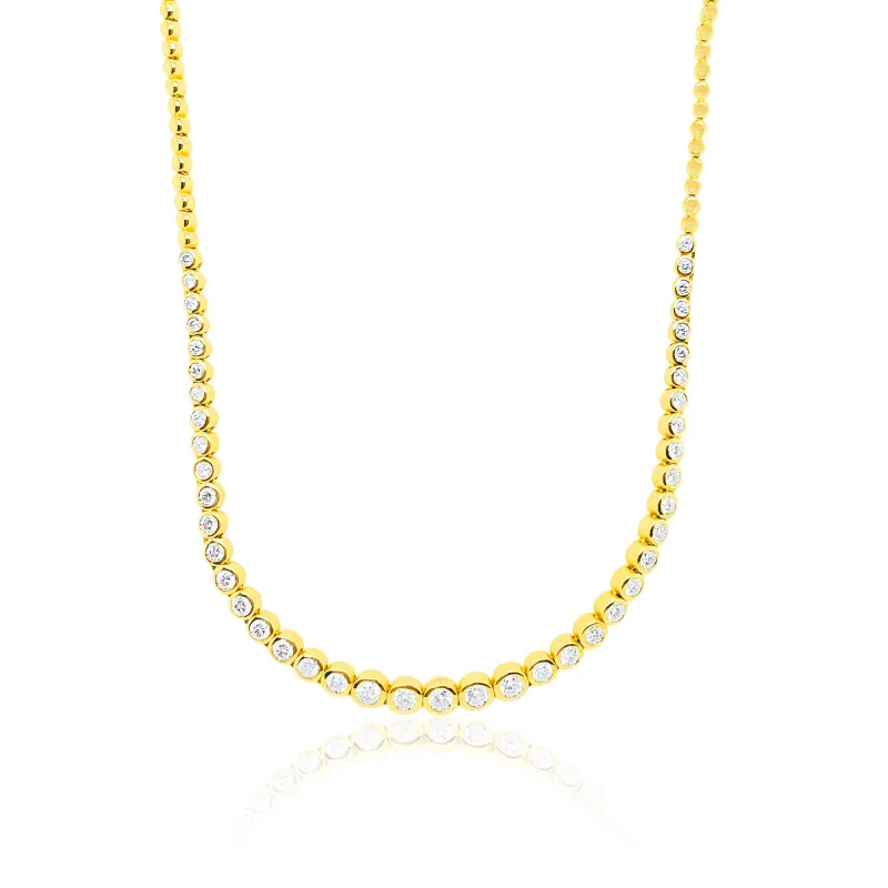 Bezel Tennis Necklace in Yellow Gold Half Way Diamonds. Yellow Gold Beading 1 ct sold by Meira T