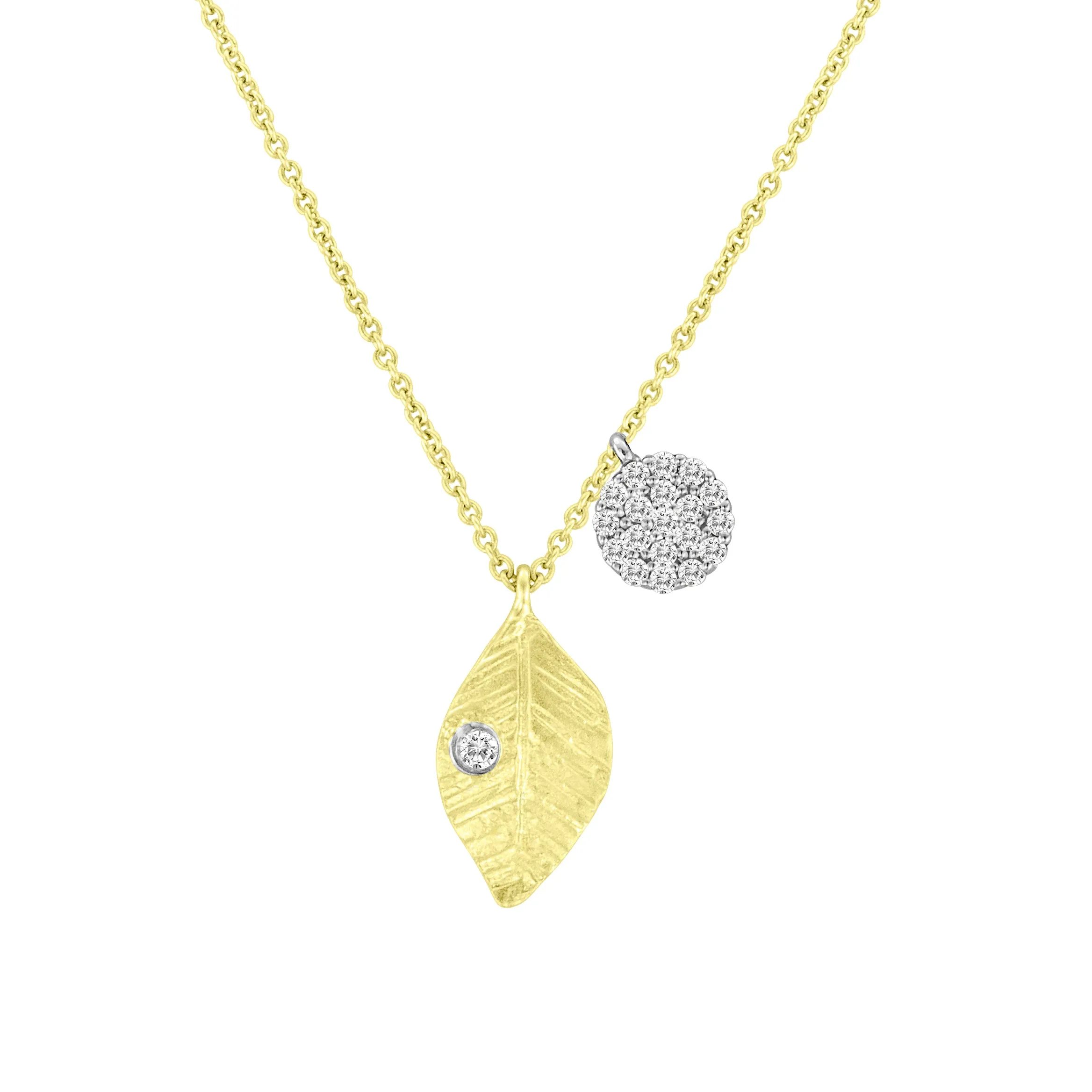 Silver and Diamond Leaf Necklace with Pave Disc Accent sold by Meira T