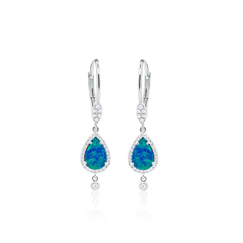 14 Kt White Gold Blue Opal .23 Ct Diamond Drop Earrings sold by Meira T