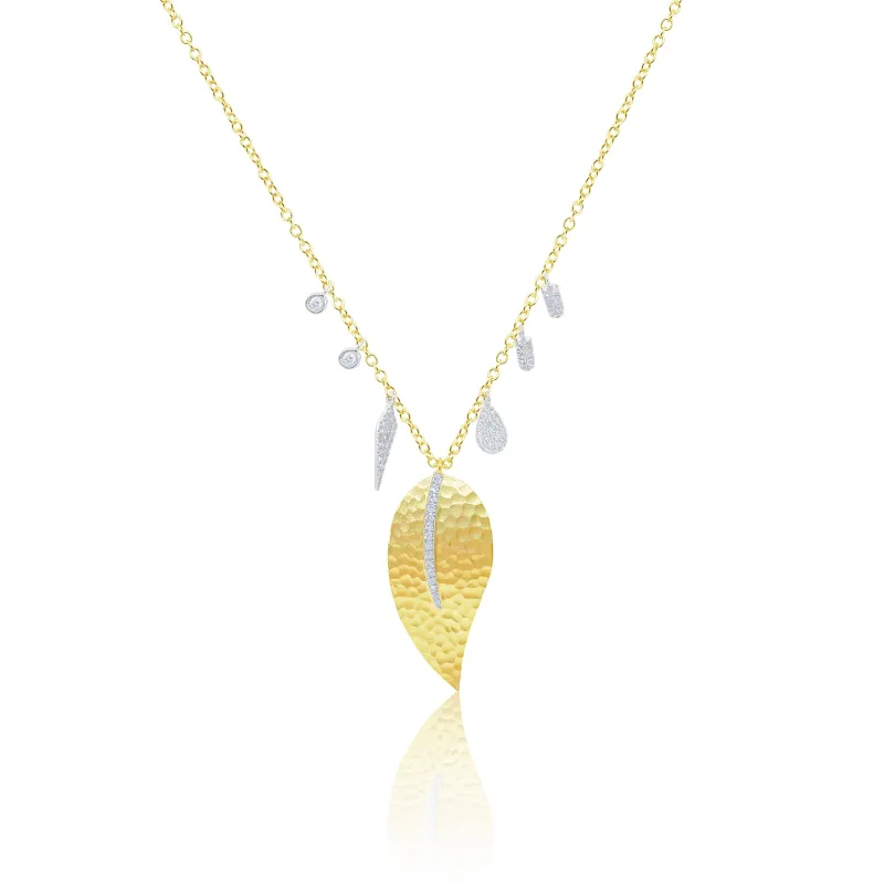 14k Yellow Gold Hammered Leaf Diamond Necklace sold by Meira T
