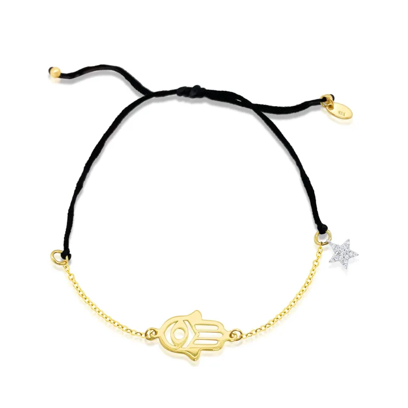Meira T 14kt Yellow Gold Hamsa Necklace with Pave Diamond Star Adjustable Chord sold by Meira T