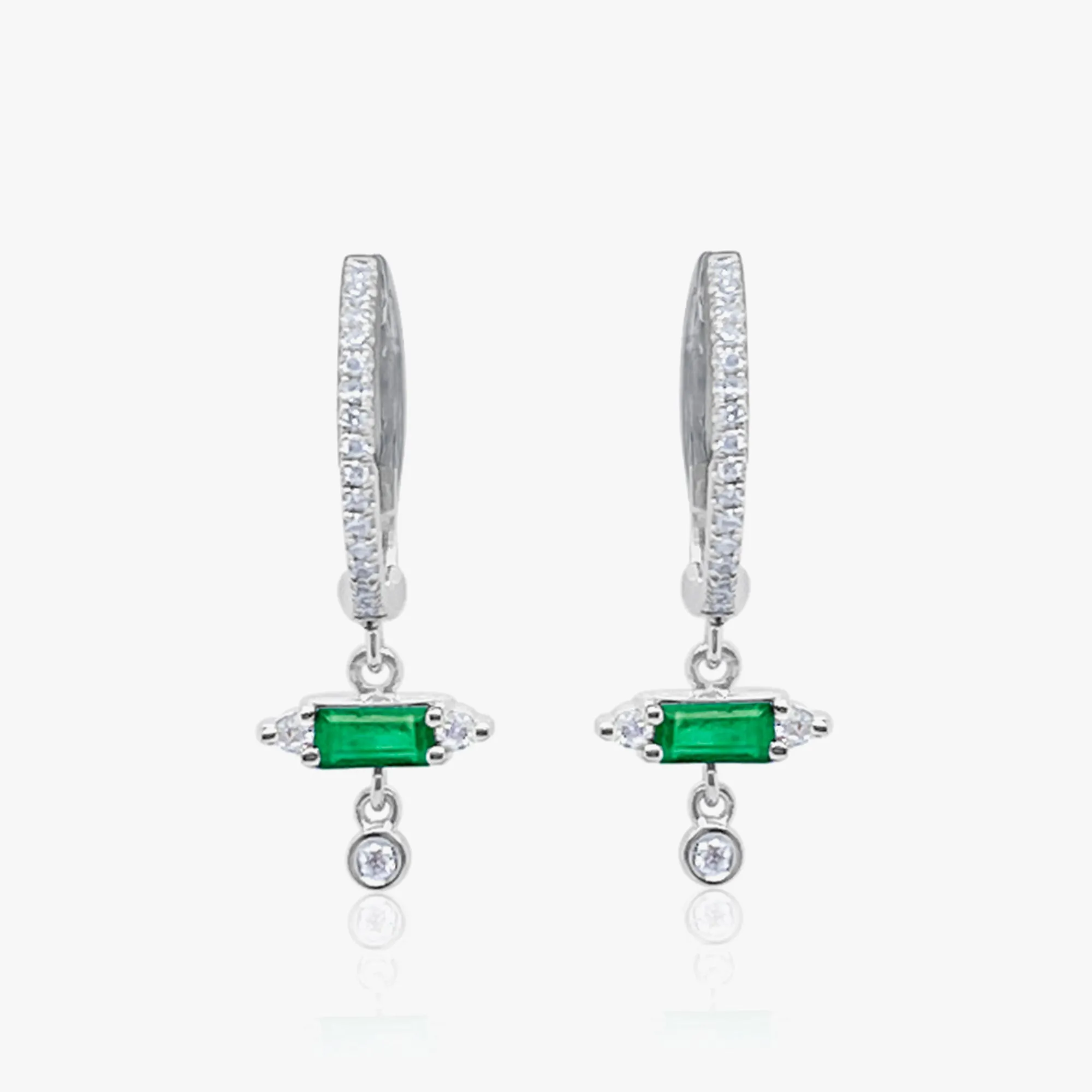 White Gold Emerald Diamond Dangle Huggies sold by Meira T