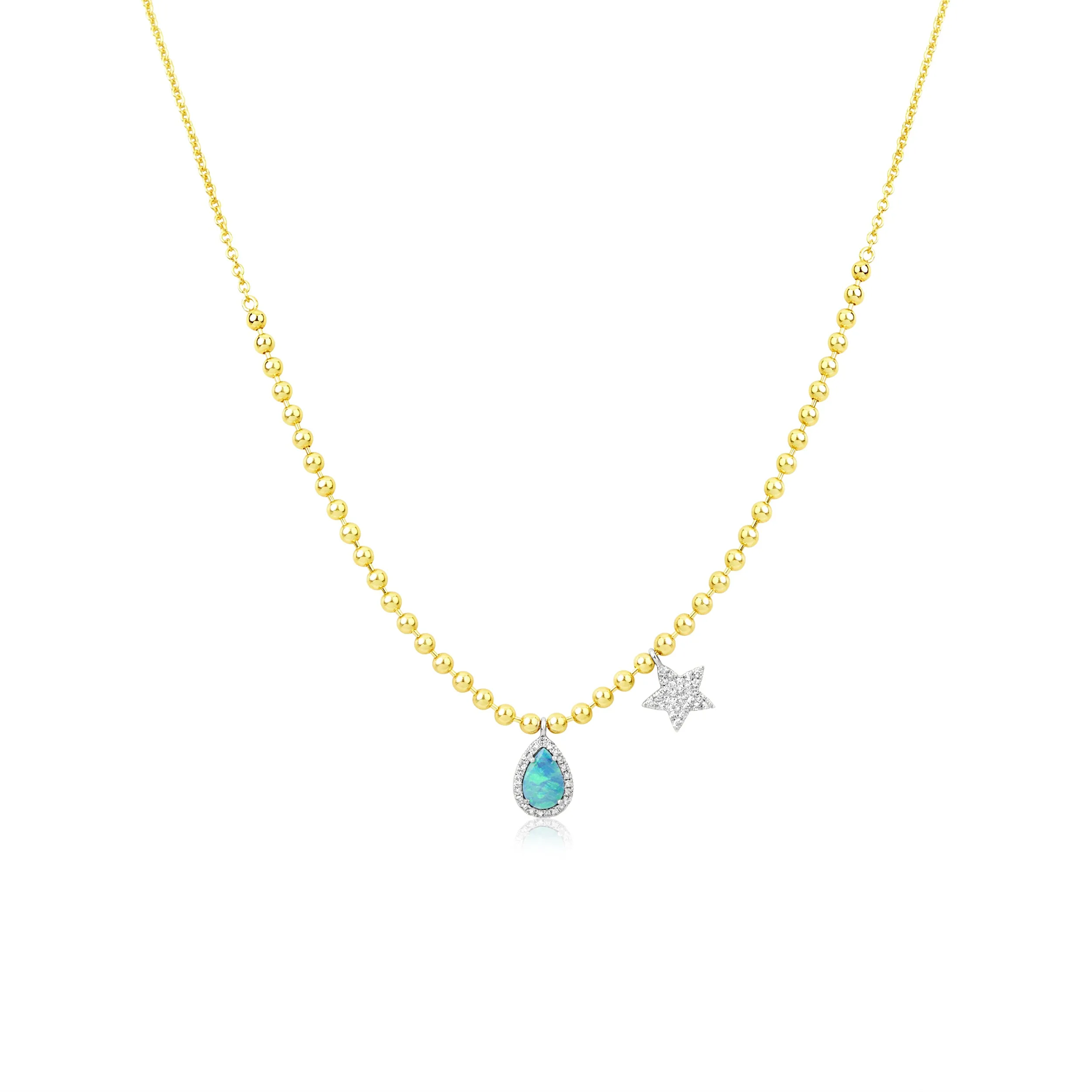 Yellow Gold Ball Chain Opal and Diamond Star Necklace sold by Meira T