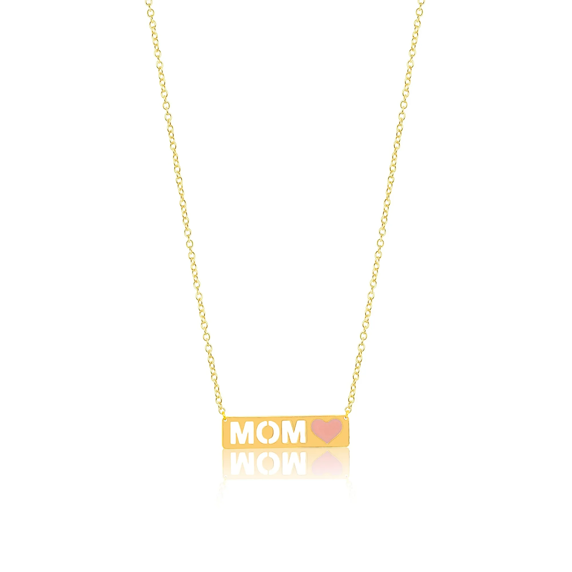 Yellow Gold Mom Pink Enamel Heart Plate Necklace sold by Meira T