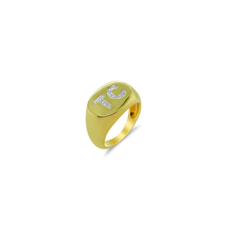 Chunky Yellow Gold Diamond Initial Ring 14kt Yellow Gold sold by Meira T