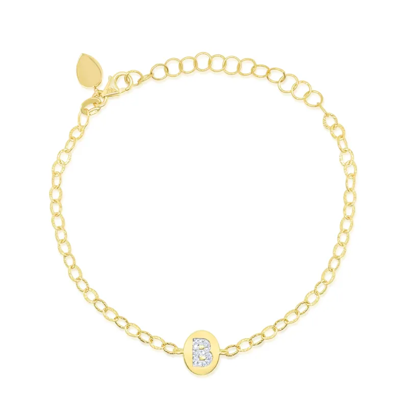 Yellow Gold Diamond Initial Disc Bracelet- LETTER B sold by Meira T