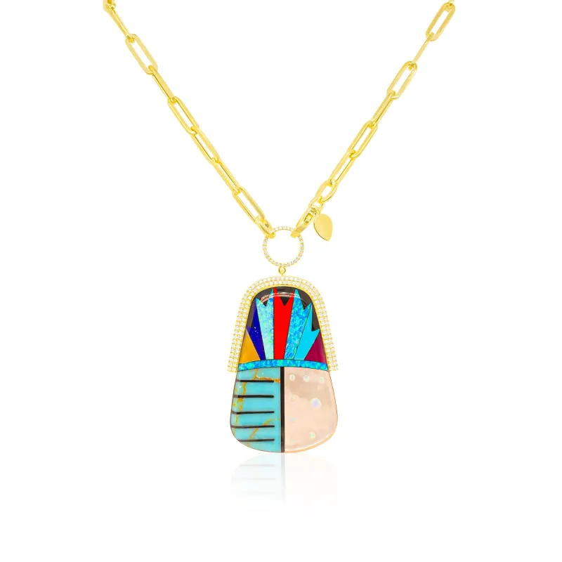 Mosaic Yellow Gold and Diamond Pattern work Turquoise Necklace sold by Meira T