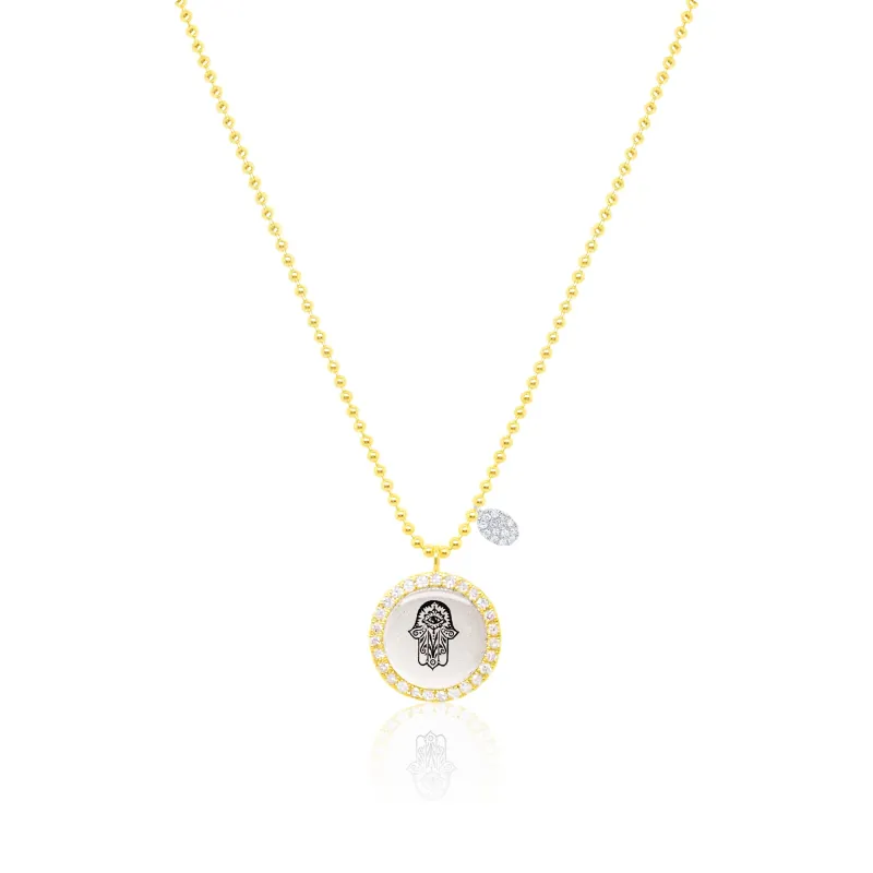Yellow Gold Hamsa Lithograph Diamond and Silver Necklace sold by Meira T