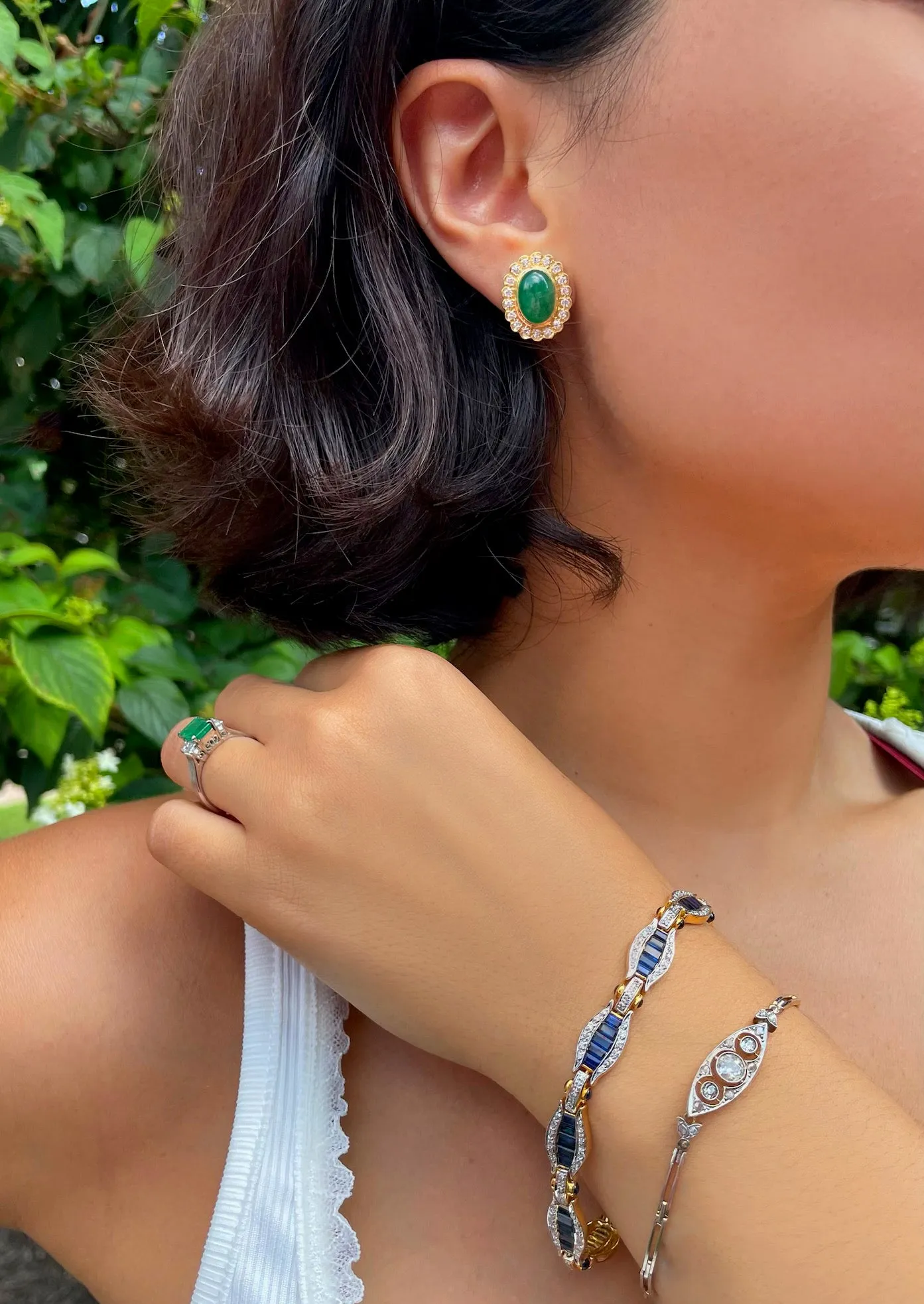 Yellow Gold Cabochon Emerald and Diamond Earrings sold by Meira T product image thumbnail 3