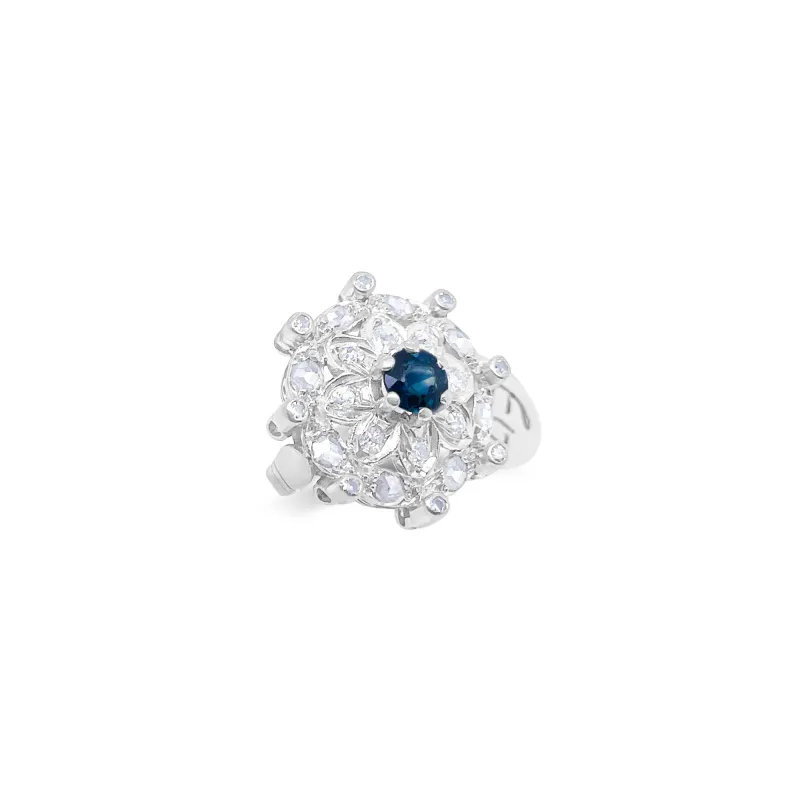 14kt White diamond and sapphire Floral Antique Ring sold by Meira T