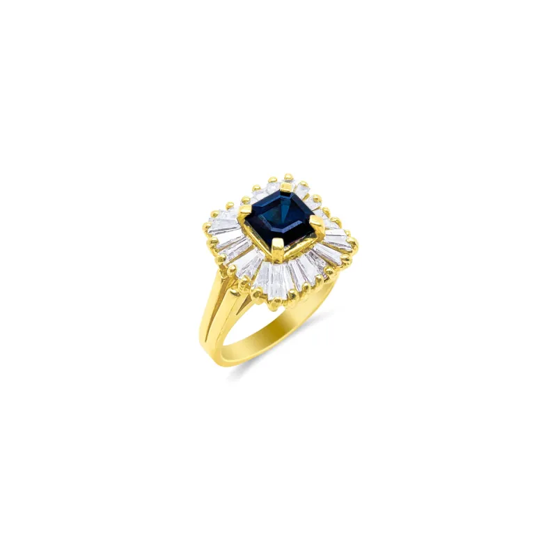 Yellow Gold Diamond Baguette and Sapphire Ballerina Style Ring sold by Meira T