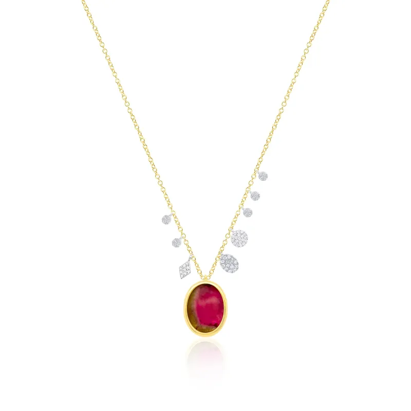 Yellow Gold Pave Diamond Watermelon Tourmaline Necklace sold by Meira T