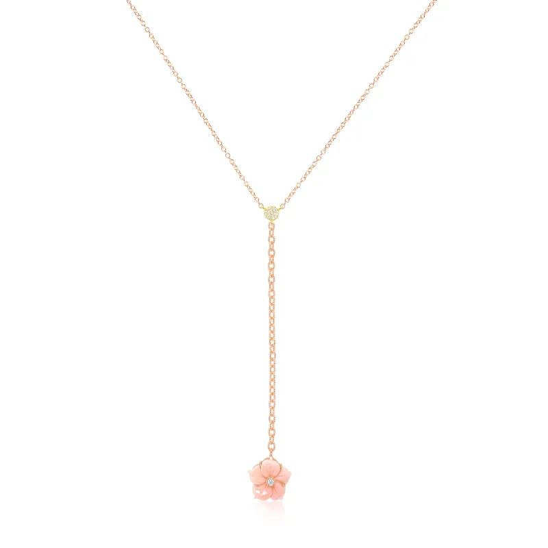 14kt Rose Gold Lariat Pink Shell Flower Diamond Necklace sold by Meira T