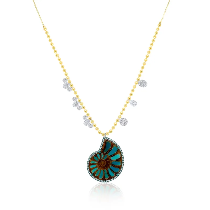 14k Yellow Gold Ammonite Stone Seashell Pendent Diamond Charms Beaded Chain Neckalce sold by Meira T