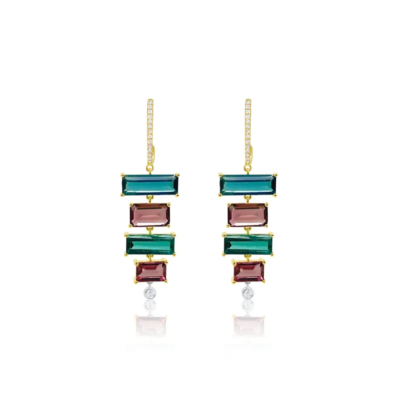 14kt Yellow Gold Pink and Blue Tourmaline Earrings with Diamonds sold by Meira T