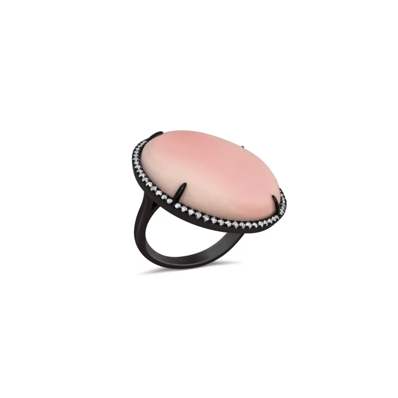 Silver Black Rhodium Pink Opal Gemstone Diamond Ring sold by Meira T