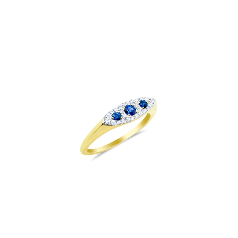 14kt Yellow Gold Diamond 3 Stone Blue Sapphire and Pave Diamond Ring sold by Meira T