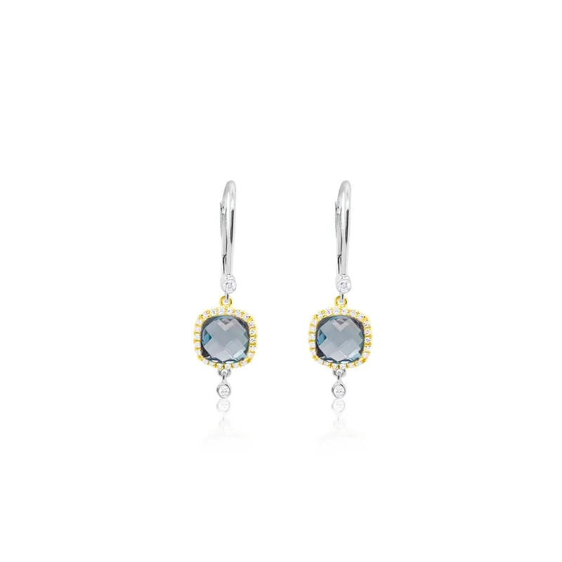 14 Kt White Gold and Yellow Gold Blue Topaz Diamond Drop Earrings sold by Meira T