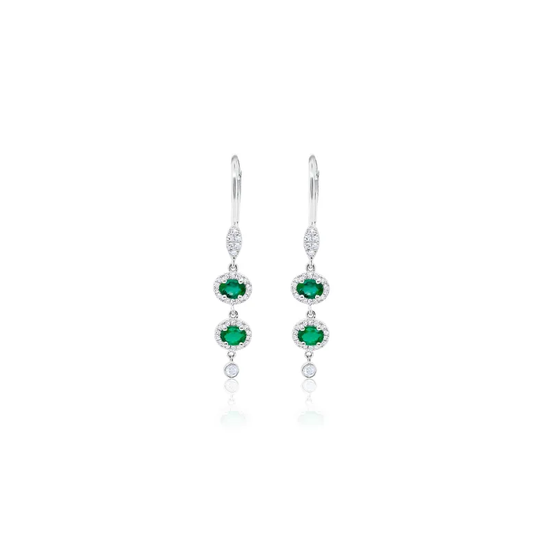 White Gold Emerald Stone Long Diamond Earrings sold by Meira T