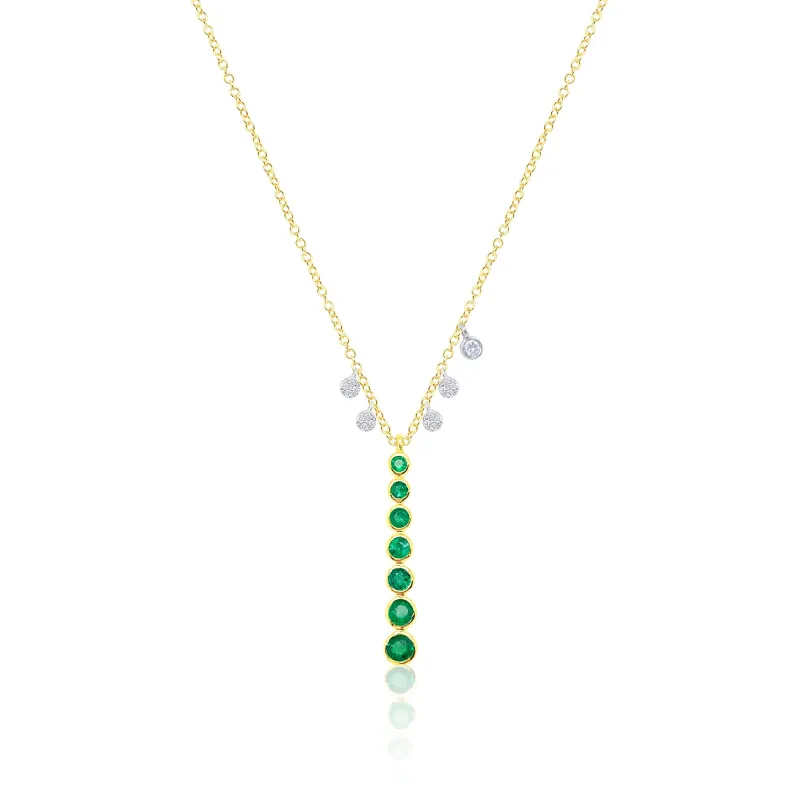 Yellow Gold Emerald Bar Necklace with Diamond Charms sold by Meira T