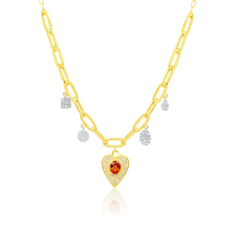 Yellow Gold Orange Sapphire Diamond Heart Necklace sold by Meira T