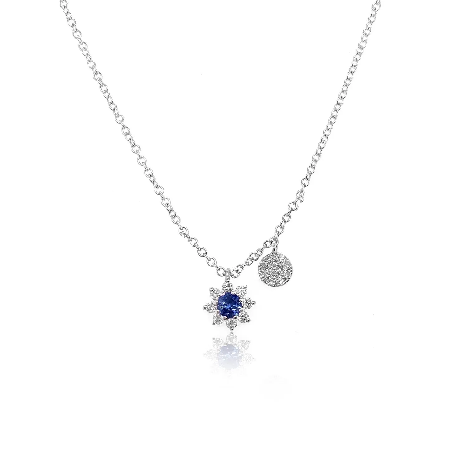 White Gold Diamond Flower Blue Sapphire Charm Necklace sold by Meira T