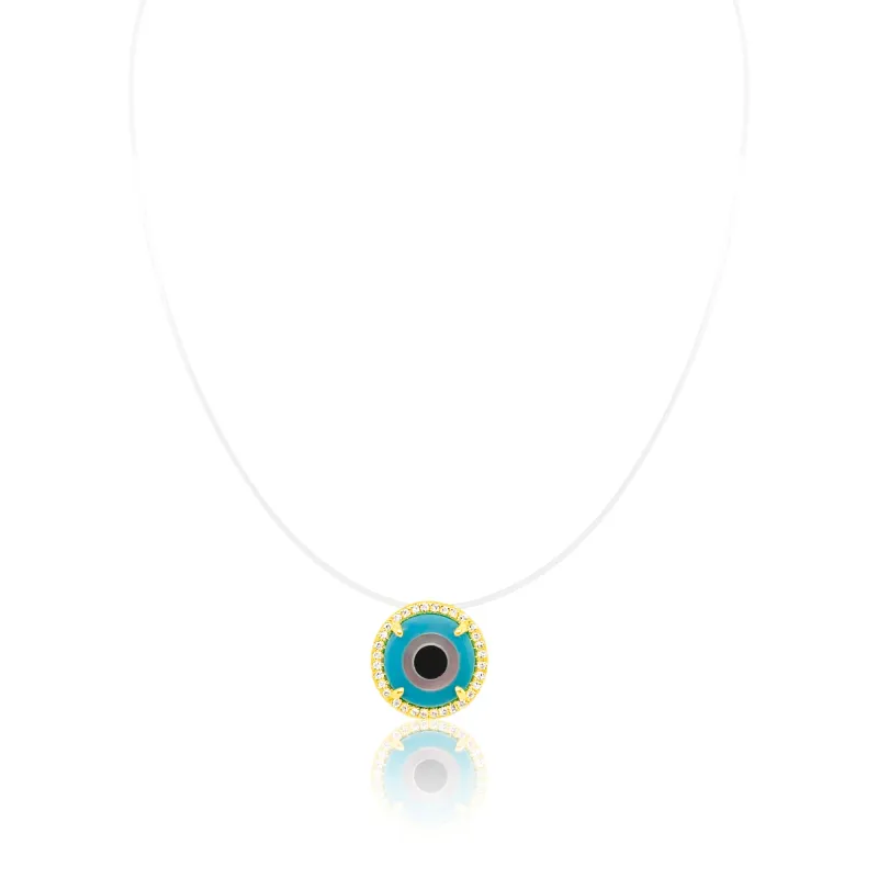 Yellow Gold Clear String Diamond Bezel Turquoise Eye Necklace sold by Meira T