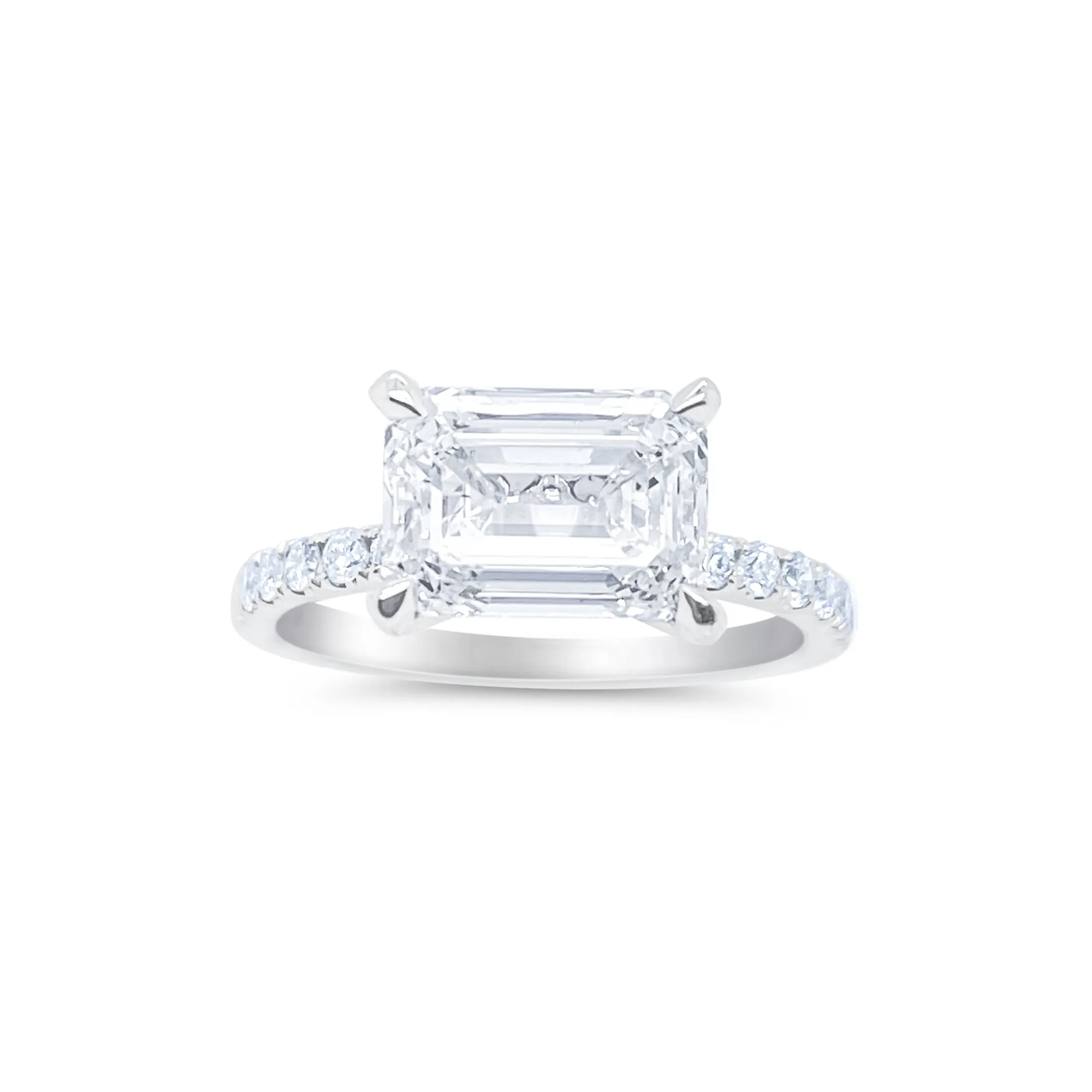 Horizontal LAB Emerald Cut Engagement Ring sold by Meira T