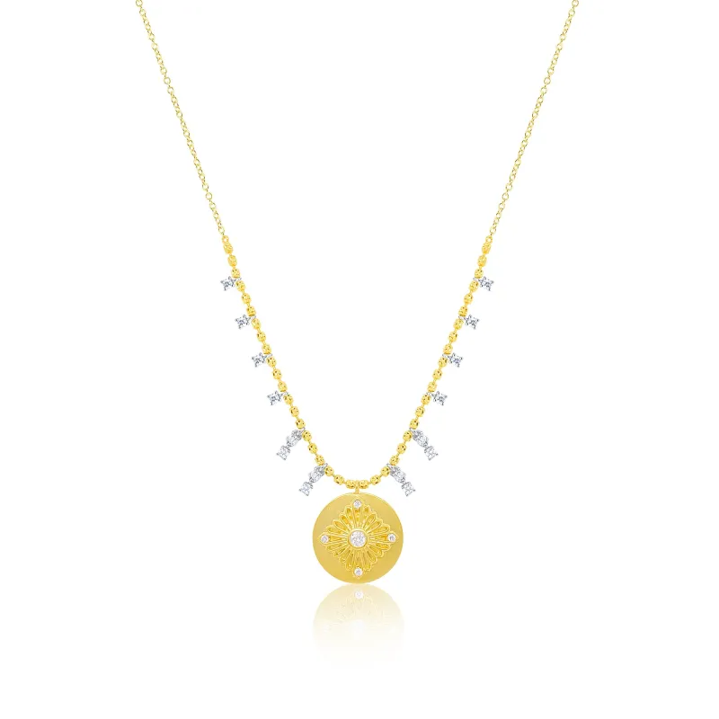 Floral Medallion Necklace 14kt Yellow Gold Diamond with Ball Chain sold by Meira T