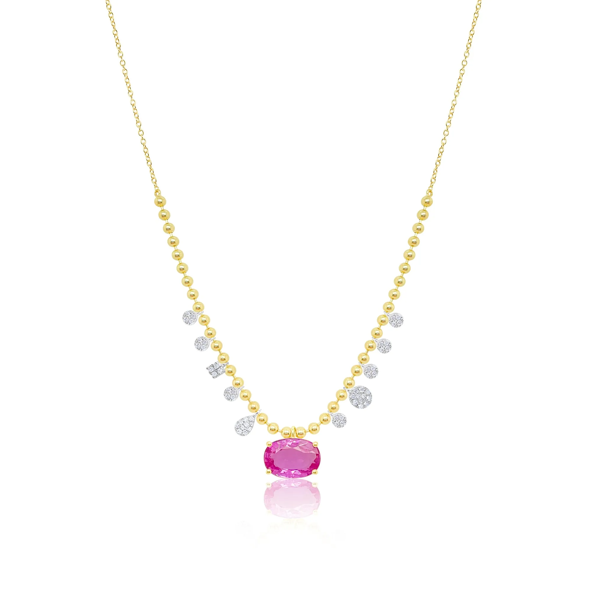 Yellow Gold Half Ball Chain Pink Sapphire Diamond Charm Necklace sold by Meira T