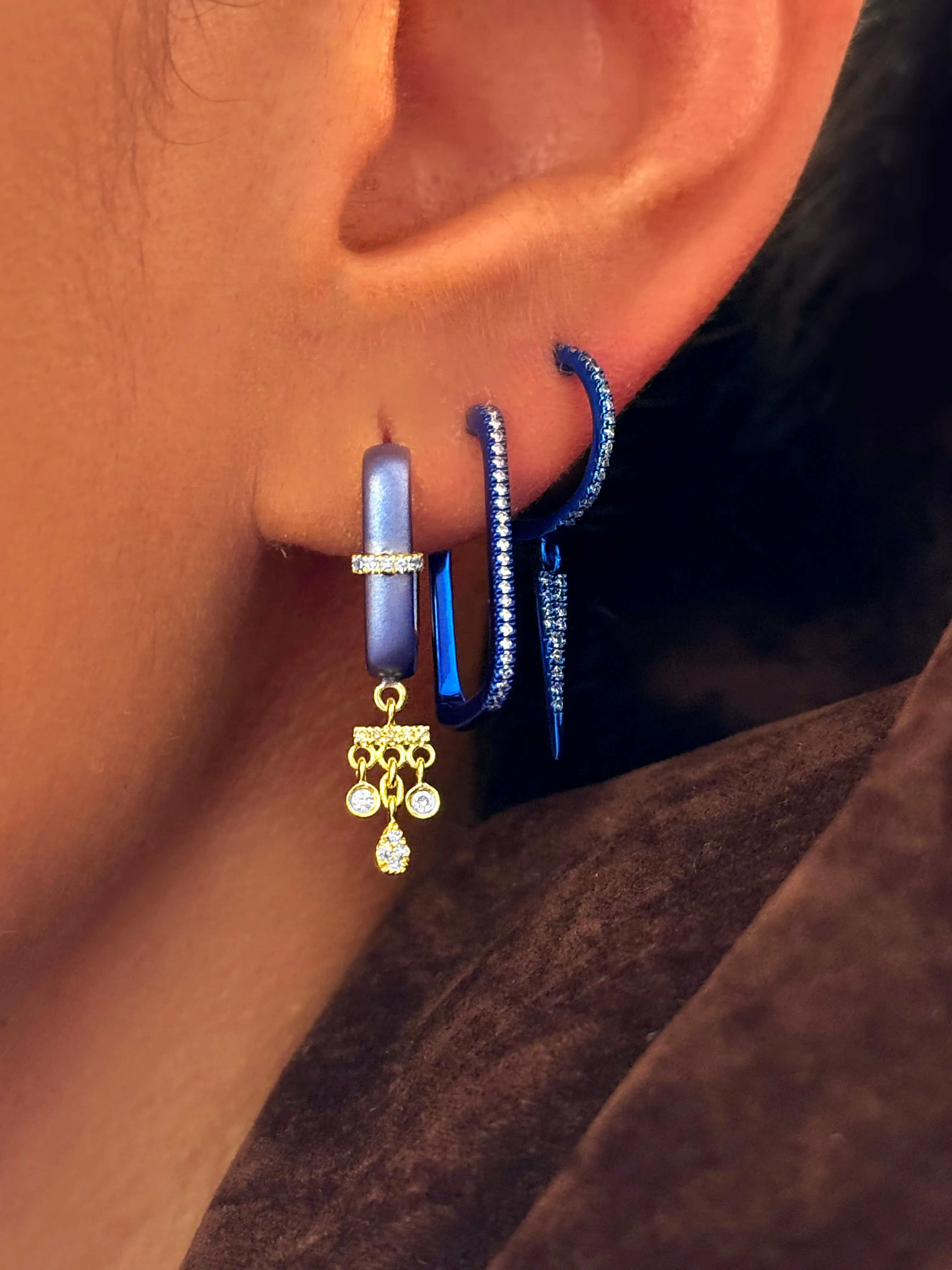 Blue Rhodium Yellow Gold Hanging Diamond Bezel Stud Hoops sold by Meira T product image thumbnail 2